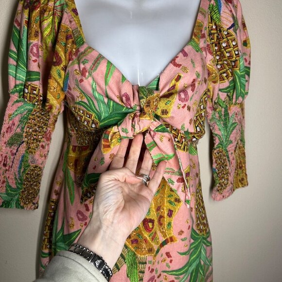 Farm Rio Mixed Fruits Mini Dress Womens Sz S Smocked Tropical Linen Blend Resort - Picture 4 of 12